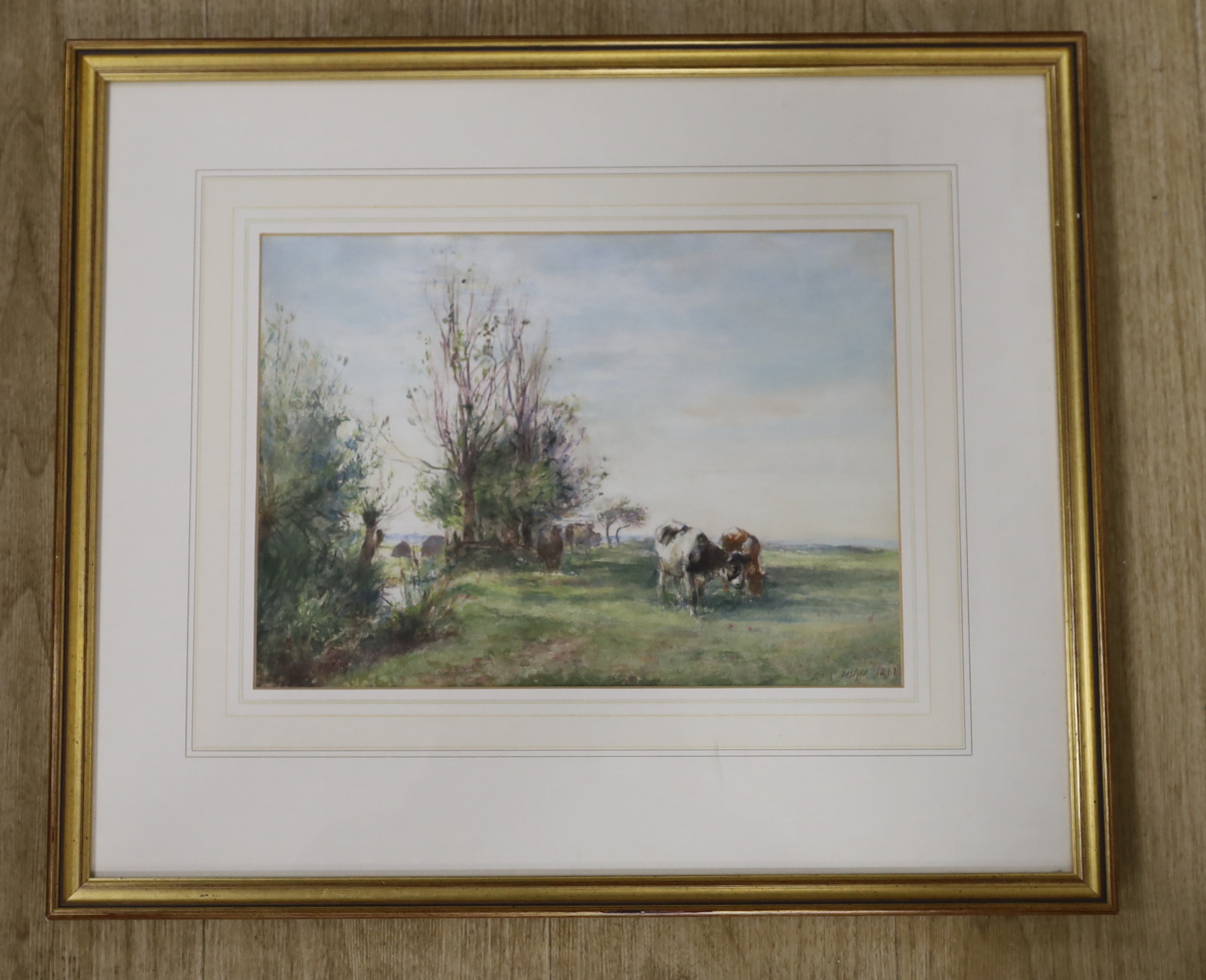 Mark Fisher (1841-1923), watercolour, Cattle by a brook, signed and dated 1881, The Fine Art Society Ltd inscribed label verso, 34 x 24cm